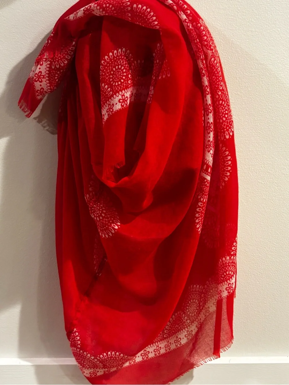 VTG vibrant red-and-orange lightweight infinity scarf with an ornate mandala
